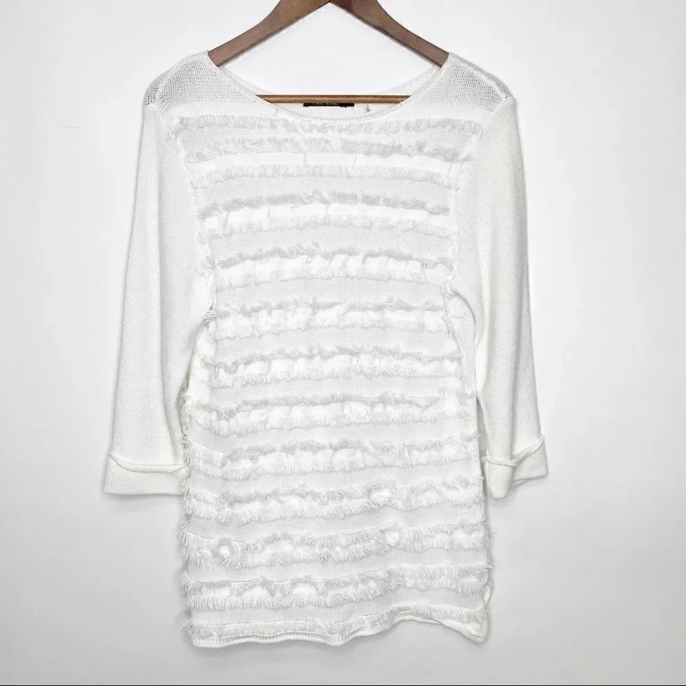 Nic + Zoe White Striped Fringe Sweater Large
